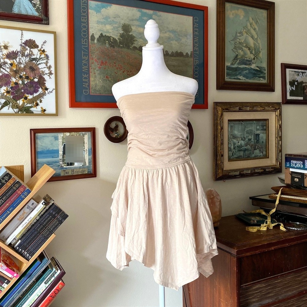 Aerie Strapless Ruffle Asymmetrical Tan Mini Dress Small Fairy Boho Cowgirl Fest